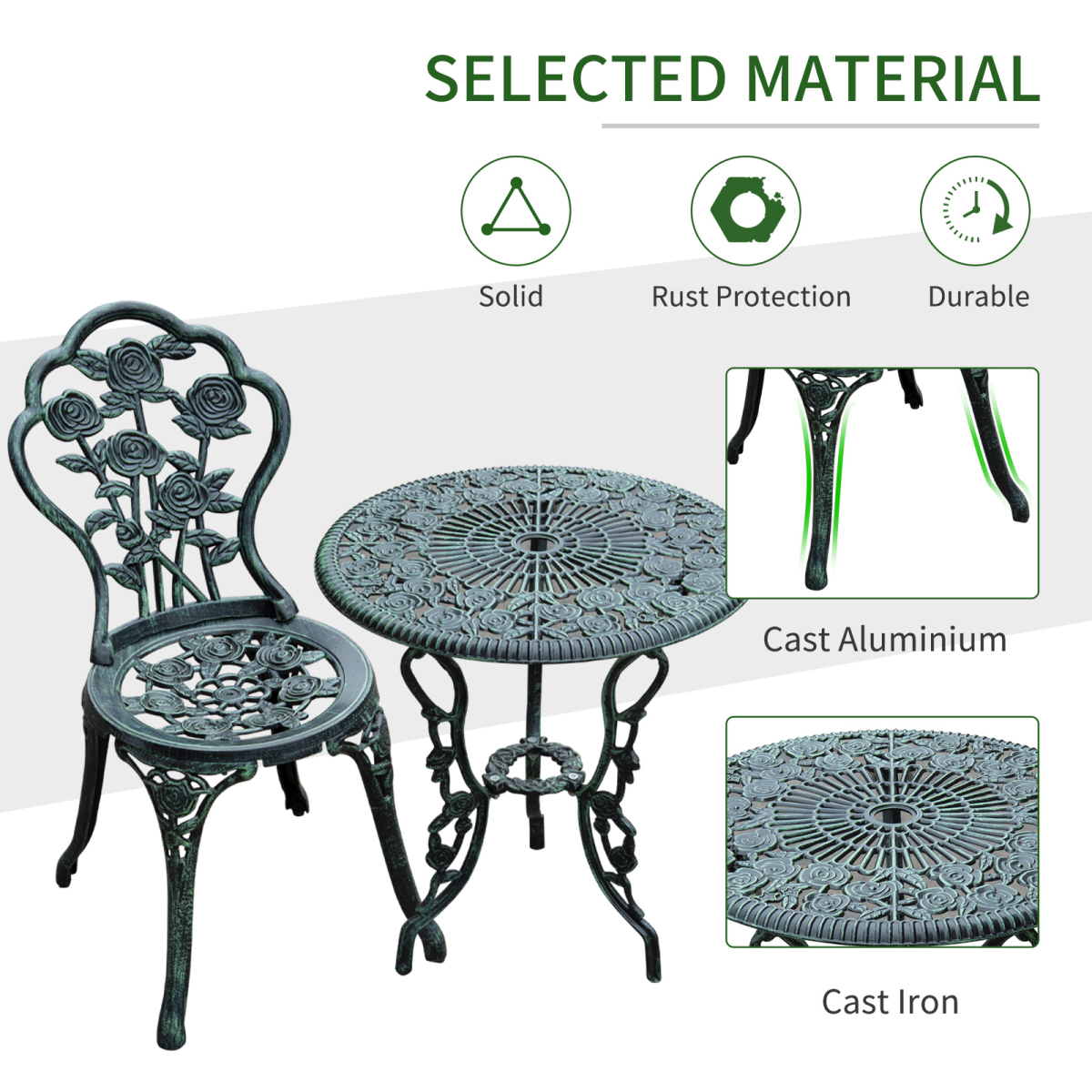 Outsunny 3-Piece Cast Aluminium Bistro Set with Parasol Hole – Antique-Style Garden Table & 2 Chairs, Green