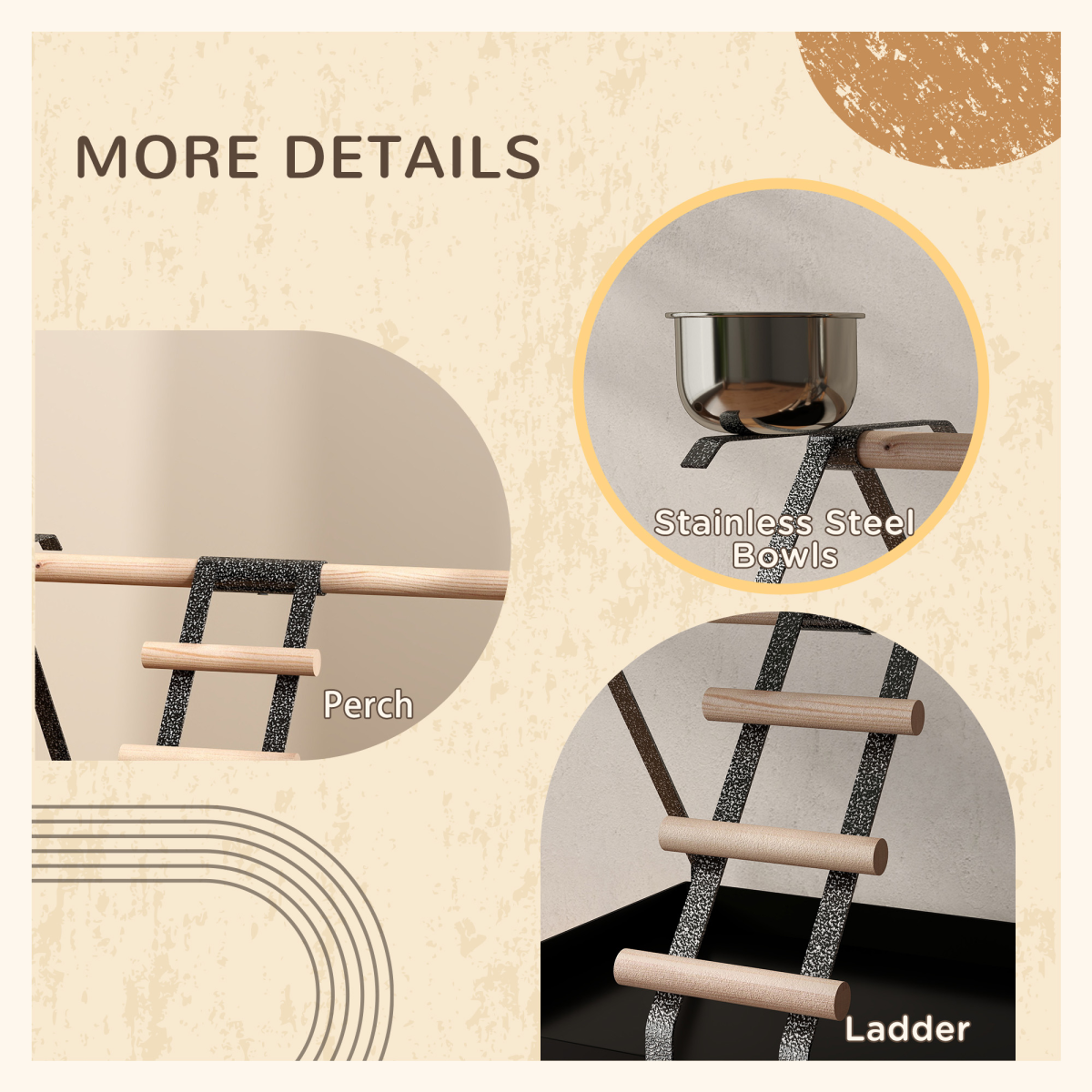 Pawhut Portable Bird Stand with Wooden Perch, Ladder & 2 Stainless Steel Bowls – Steel Base