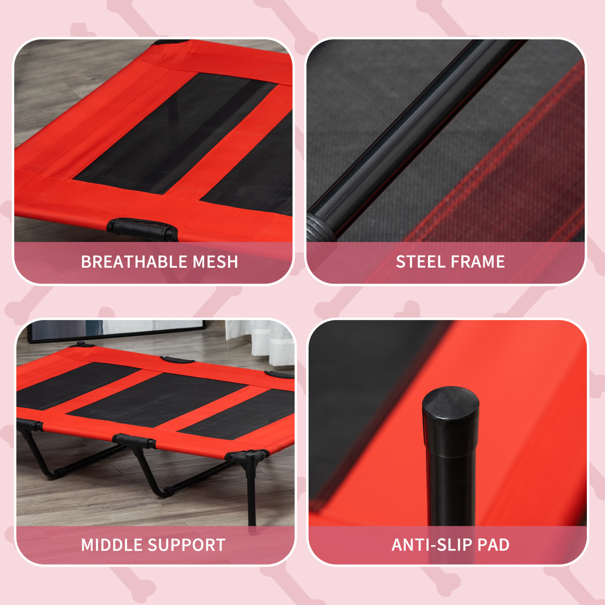 Pawhut Elevated Dog Bed with Raised Breathable Fabric Base – Portable Indoor and Outdoor Pet Cot, Red
