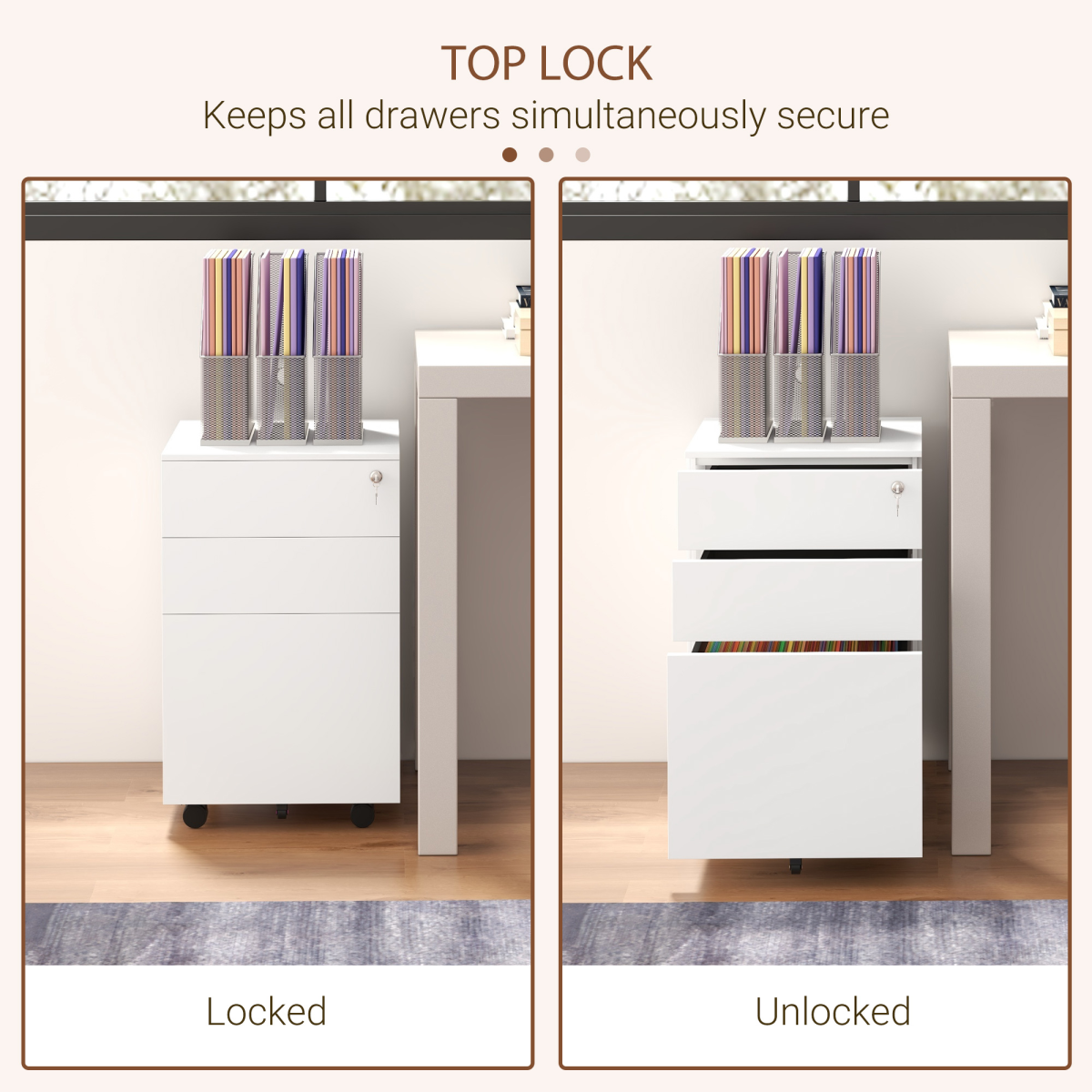 Vinsetto 3 Drawer Lockable Steel File Cabinet with Hanging Bar – Home Office Filing Storage, White