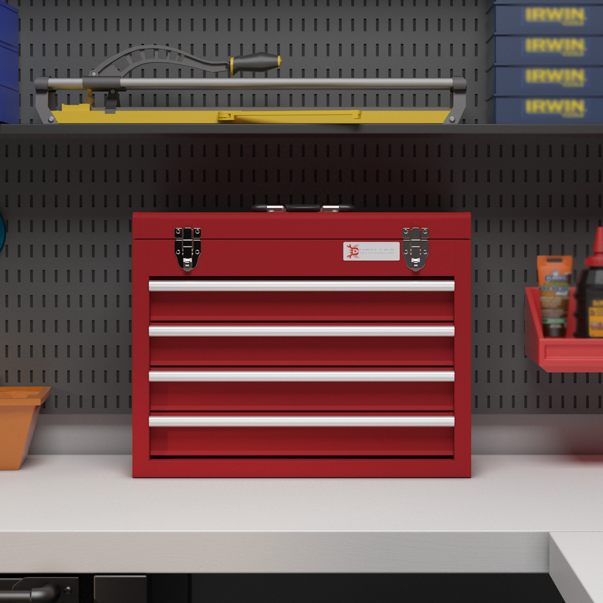 DURHAND Lockable 4-Drawer Steel Tool Chest with Ball Bearing Slides and Top Compartment, Red