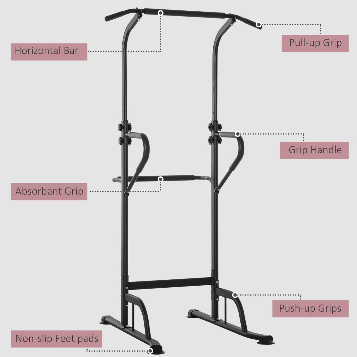 HOMCOM Power Tower Dip Station with Pull Up Bar, 5 Height Levels – Freestanding Home Gym Push Up Equipment