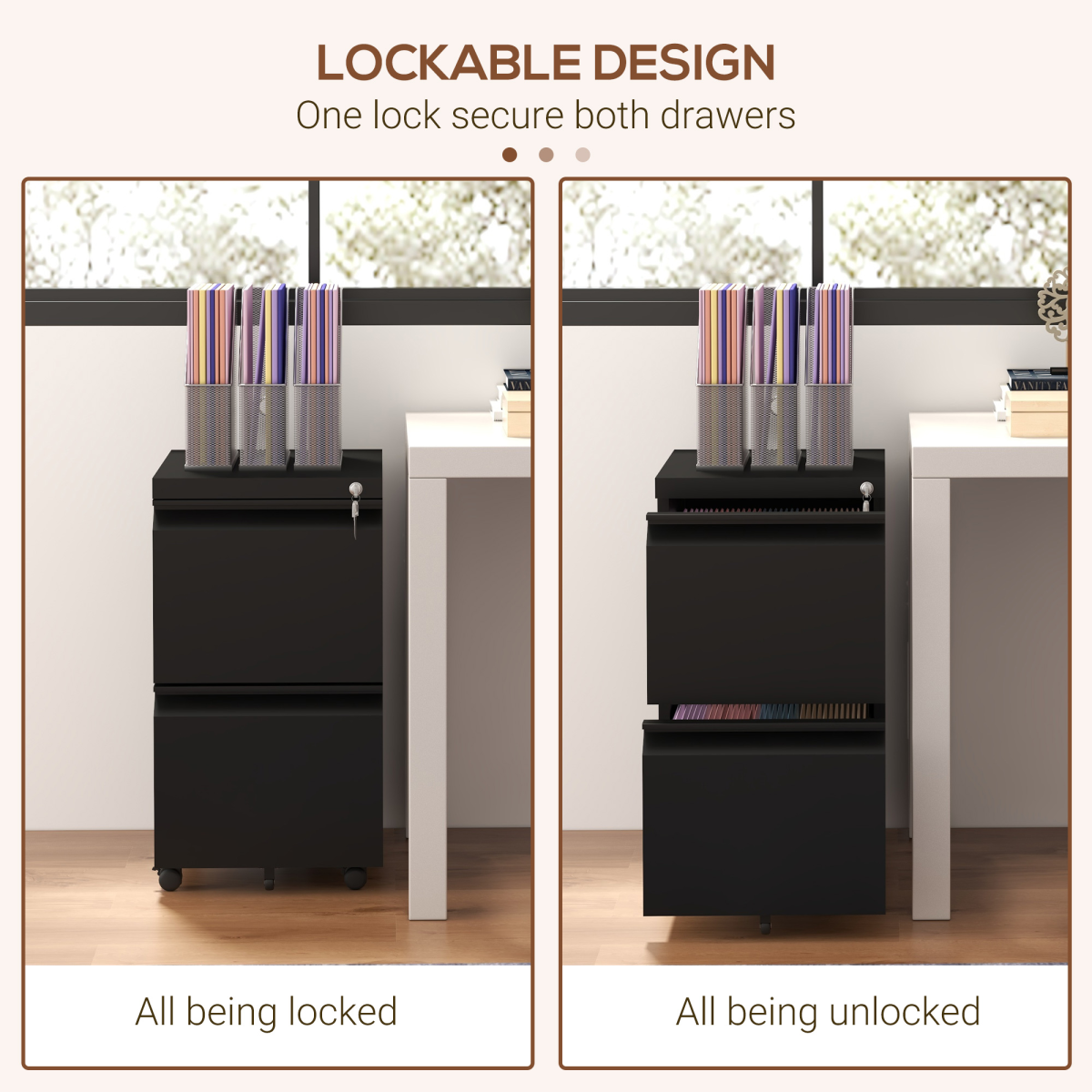 Vinsetto 2 Drawer Lockable Steel File Cabinet with Hanging Bar – Home Office Filing Storage, Black
