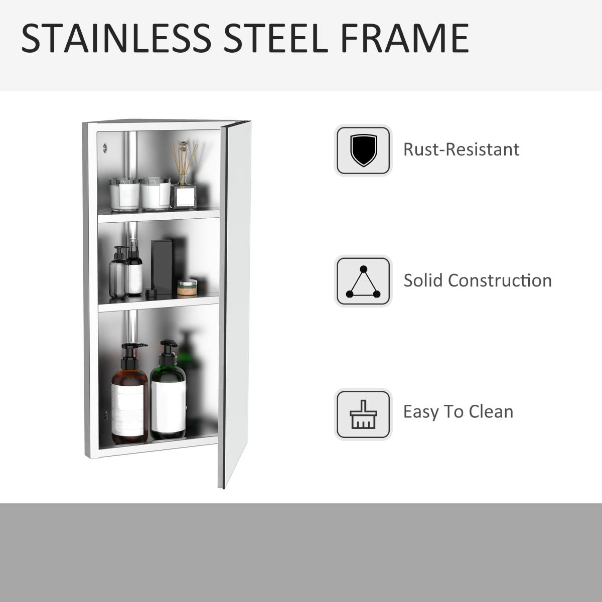 HOMCOM Stainless Steel Floating Corner Cabinet with Mirror & 3 Storage Layers – Wall-Mounted Bathroom Cupboard