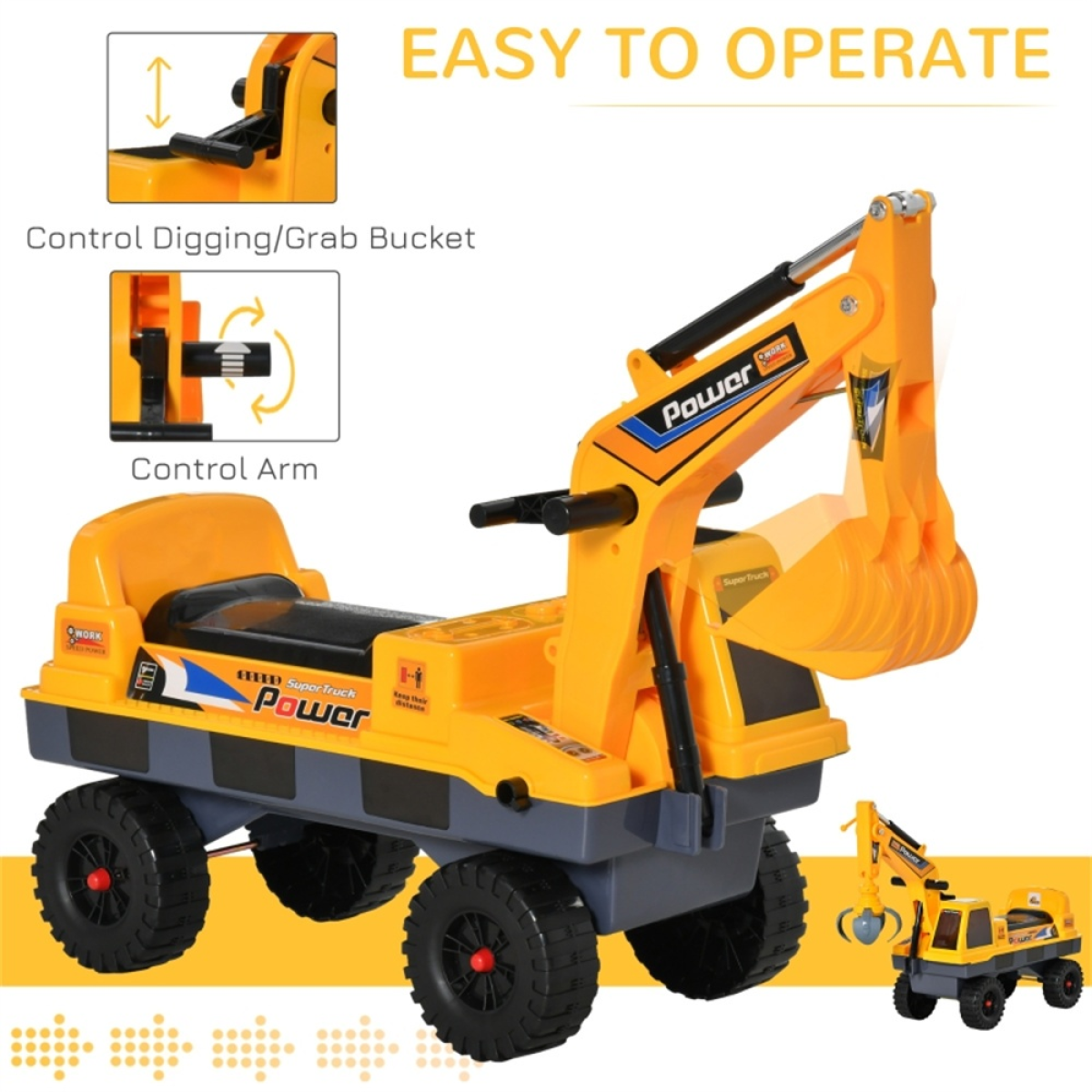 Kids Ride-On Excavator with Lights, Music, Helmet & Under-Seat Storage – 2-in-1 Digger Toy for Ages 2–3, Yellow