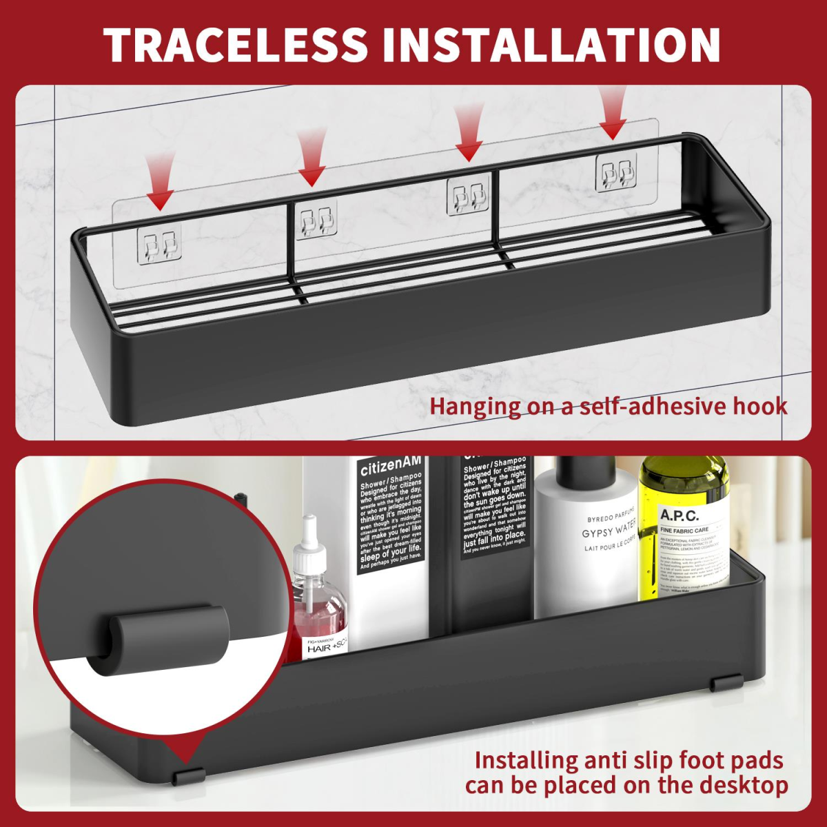 Vinsani 2 Piece Black Stainless Steel Shower Caddy Set – Adhesive No-Drill Bathroom Shelves, Rustproof