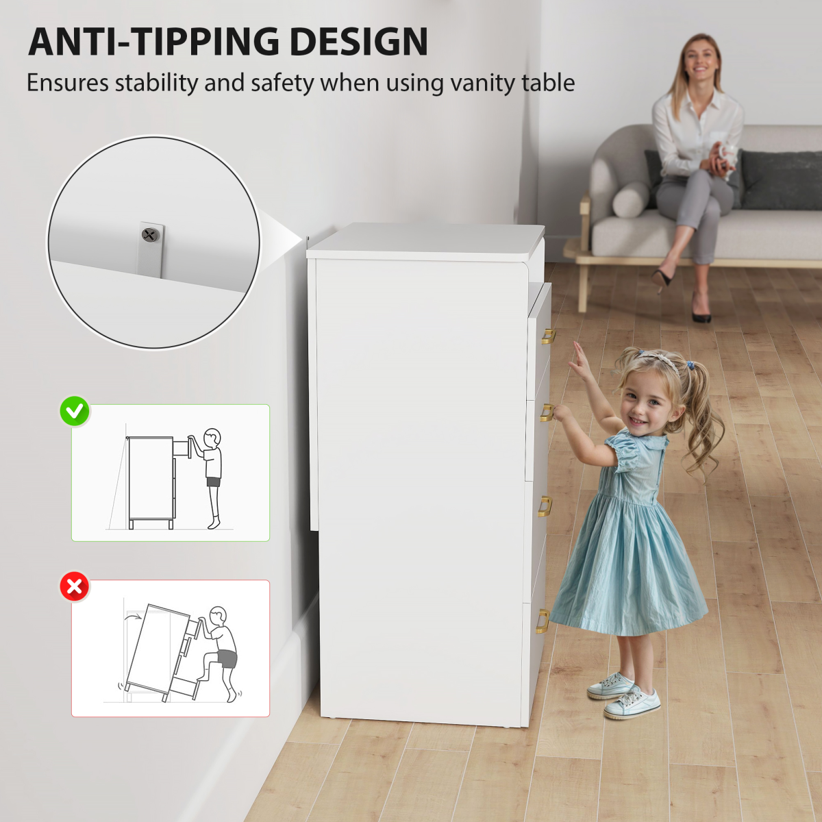 3-in-1 Dressing Table Set with Flip-Up Mirror, Drawers & Stool – Vanity and Nightstand, White