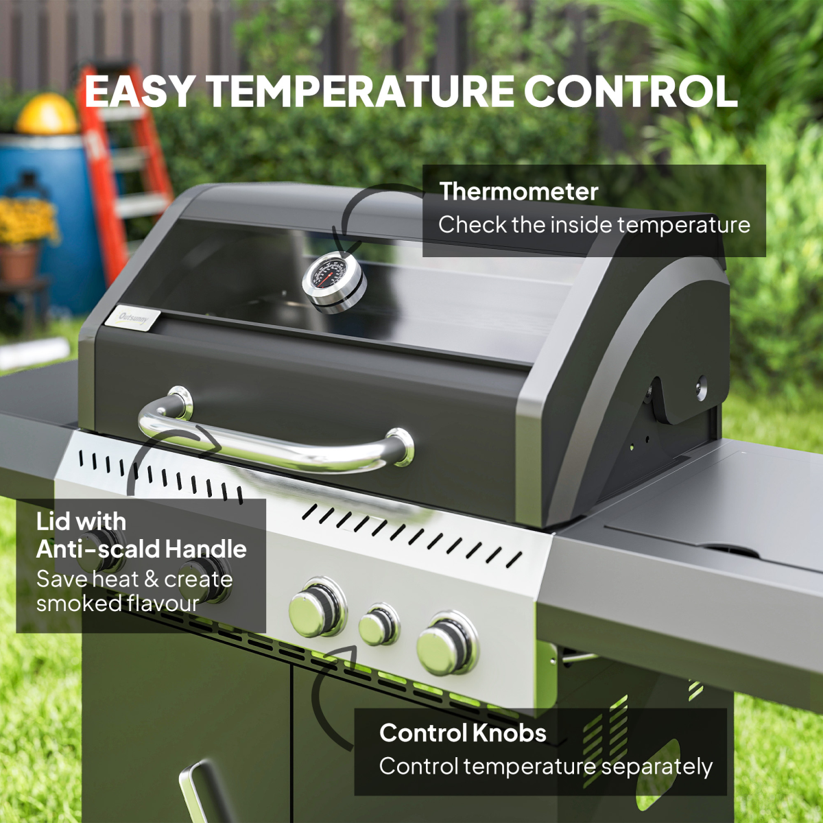 Outsunny 4+1 Burner Gas BBQ Grill with Clear View Lid, Thermometer and Storage Cabinet – Propane Barbecue on Wheels, Black