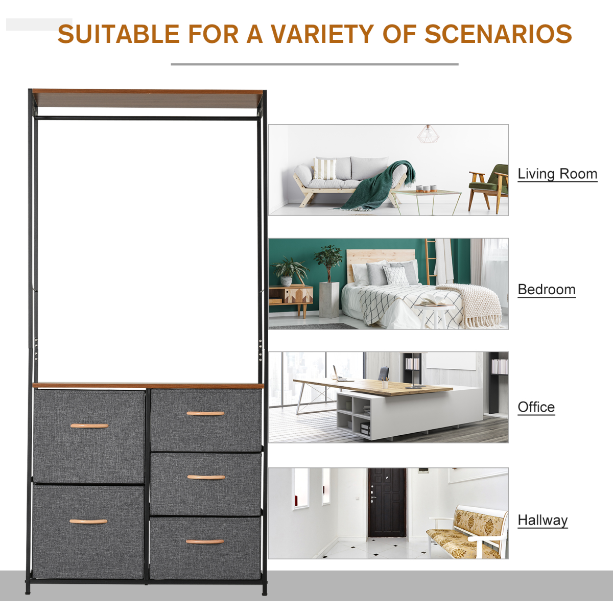 HOMCOM 175 x 83cm Freestanding Coat Rack with Steel Frame, Hanging Rail and Drawers – Black/Brown