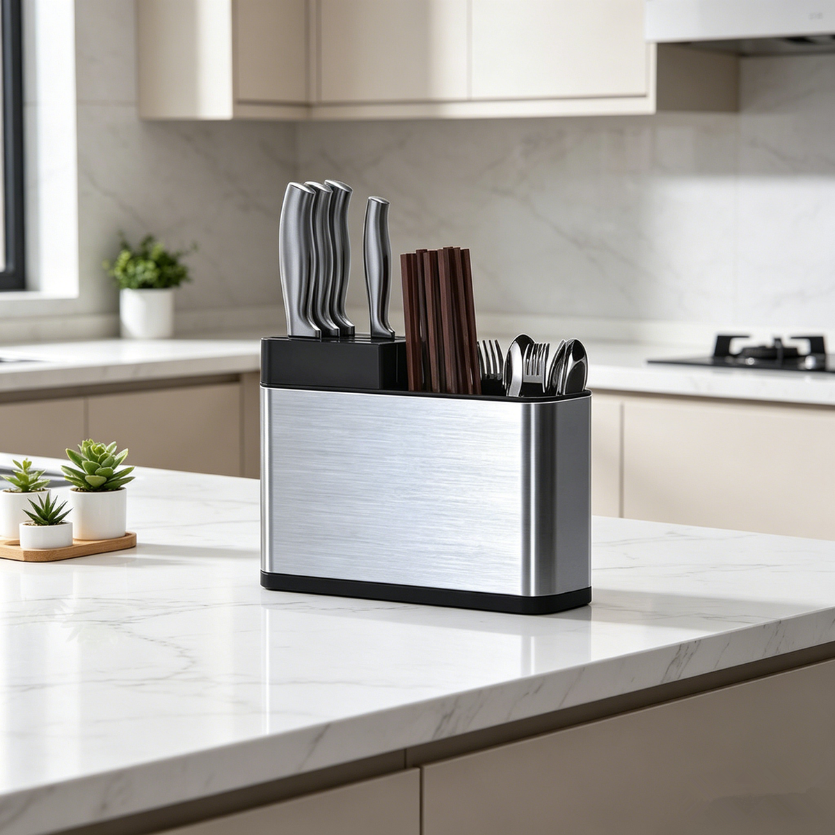 Stainless Steel Cutlery Holder with 3 Compartments – Free-Standing Knife Block and Utensil Organiser, Silver