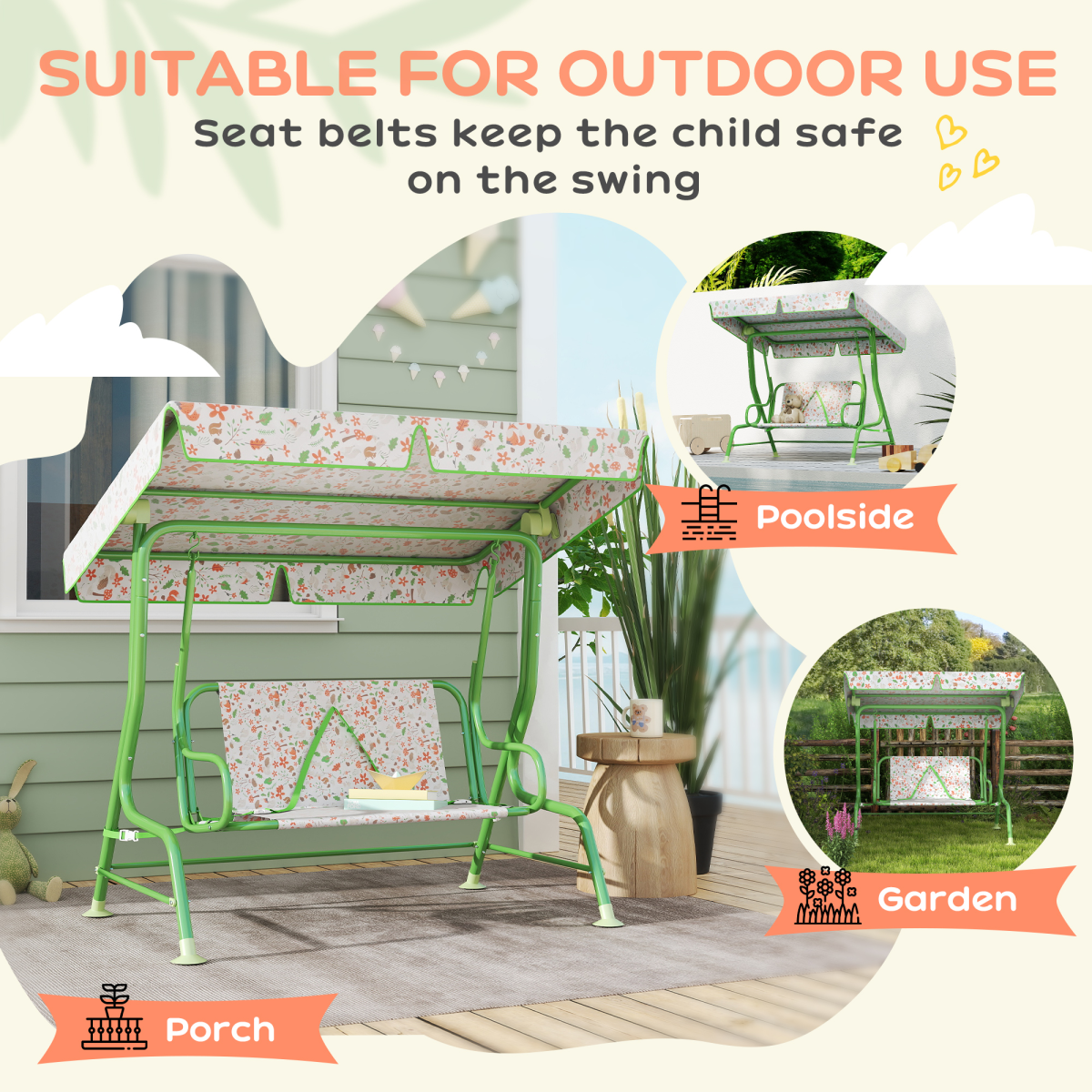 AIYAPLAY Kids Fox Pattern Swing Seat with Adjustable Canopy and Safety Belts – Outdoor Garden Play, Green