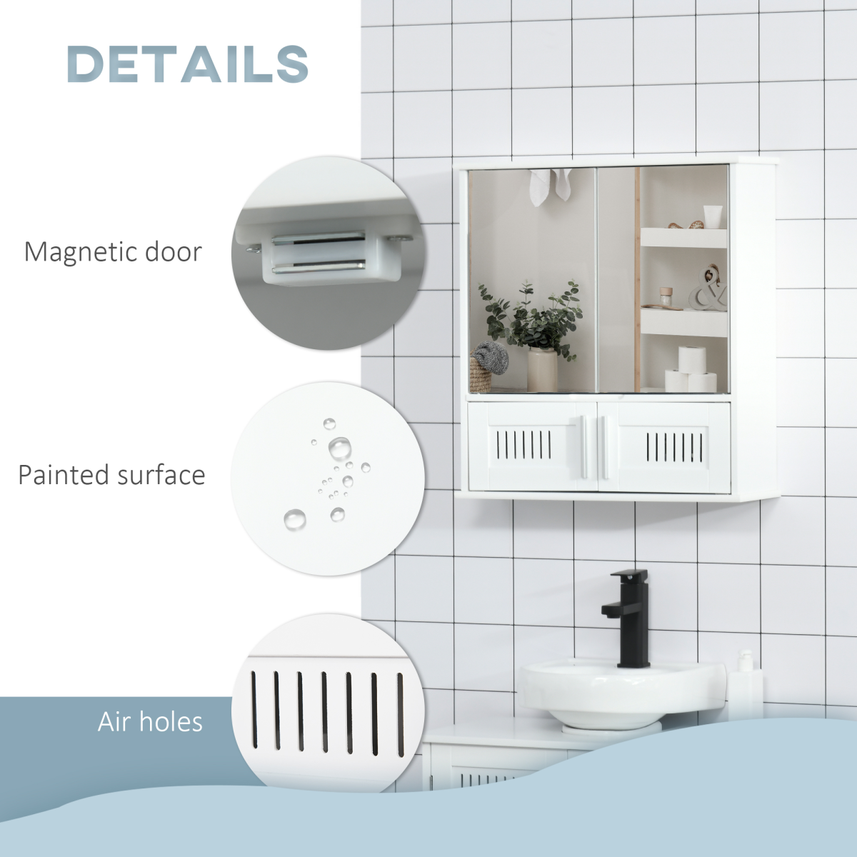 kleankin Wall-Mounted Bathroom Mirror Cabinet with Double Doors and Adjustable Shelf – Storage Cupboard, White