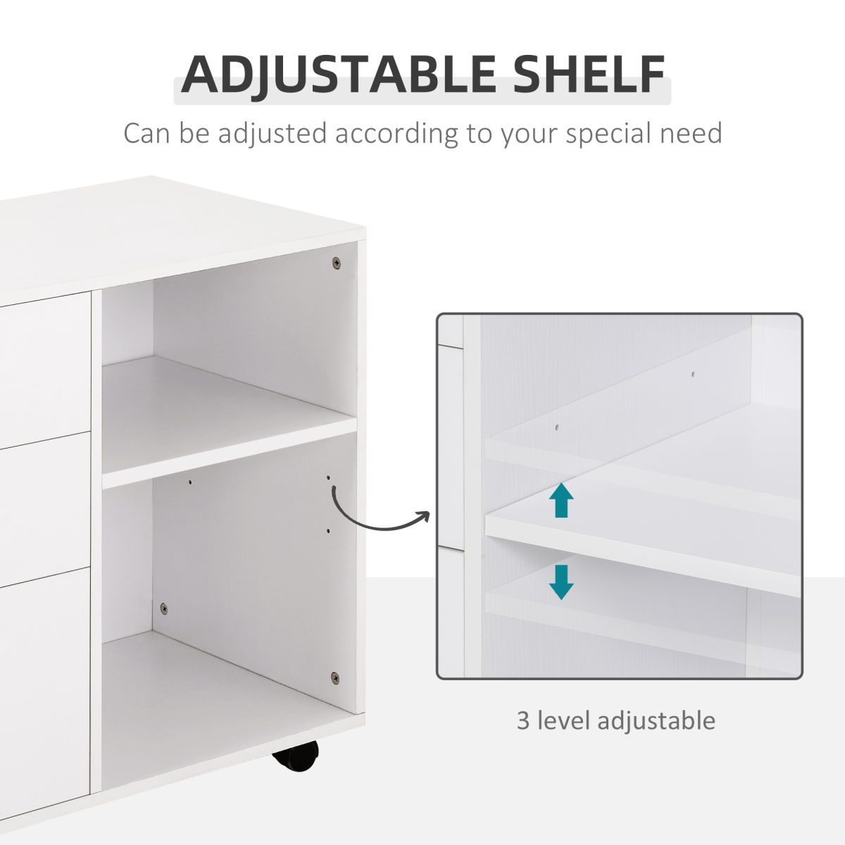 Freestanding Mobile Storage Cabinet with 3 Drawers, 2 Open Shelves & Wheels – Home Office Organiser, White
