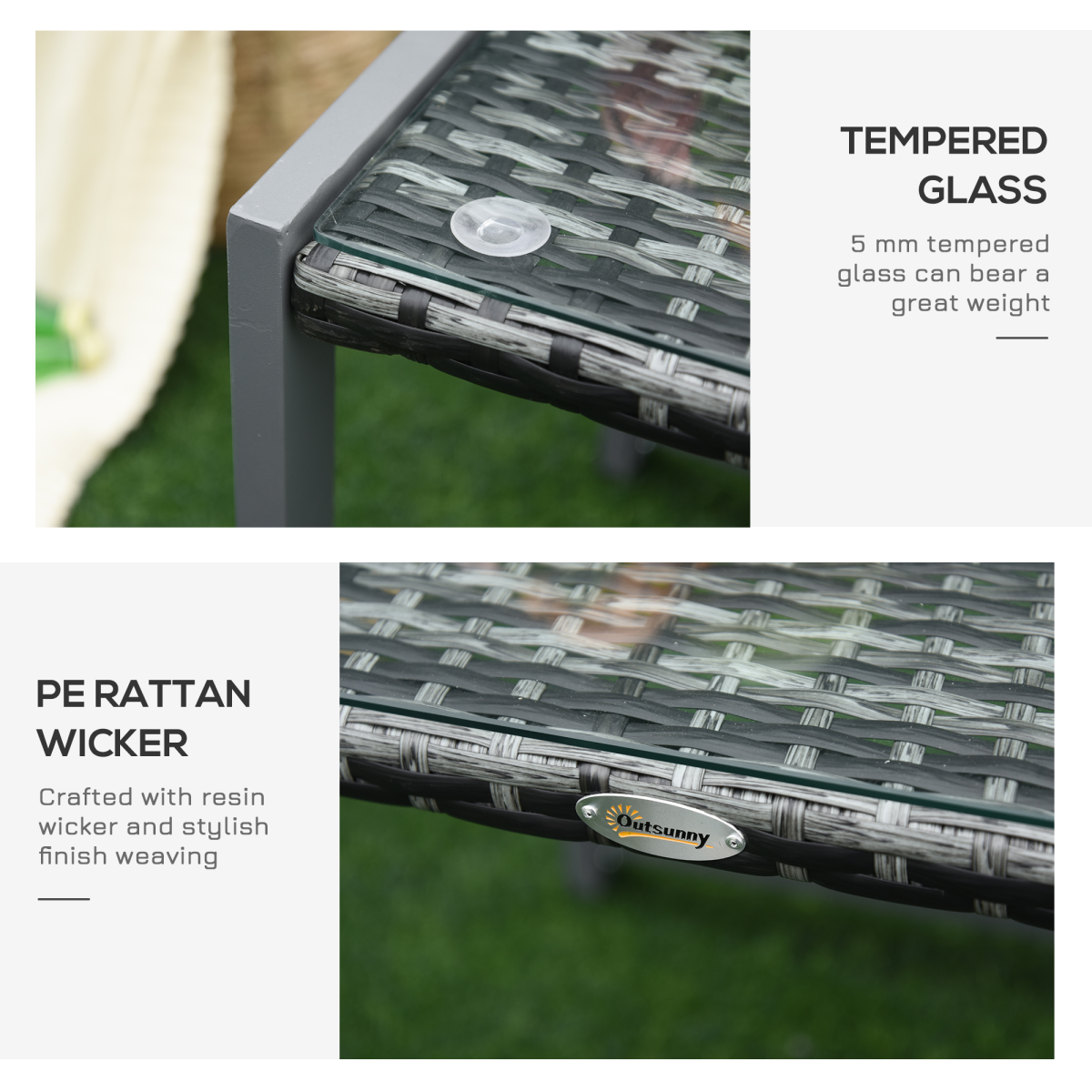 Outsunny Rattan Side Table with Tempered Glass Top & Aluminium Frame – Outdoor Patio Coffee Table, Grey