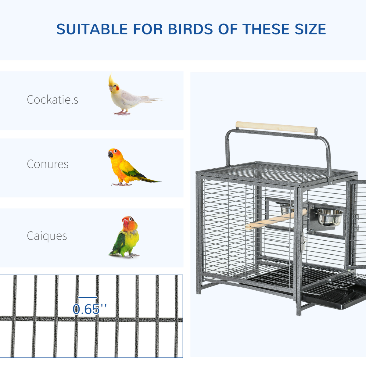 Wrought Iron Bird Cage with 4 Access Doors, Wooden Perch & Removable Tray – Portable Metal Cage with 2 Stainless Steel Bowls, Black