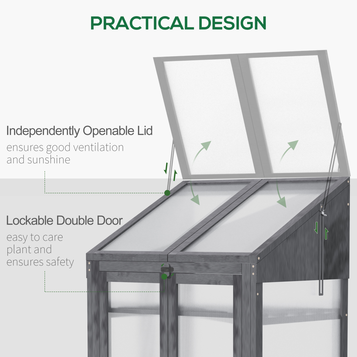 Outsunny Wooden Cold Frame Greenhouse with 3 Slatted Shelves & Double Doors – Grow House, Grey