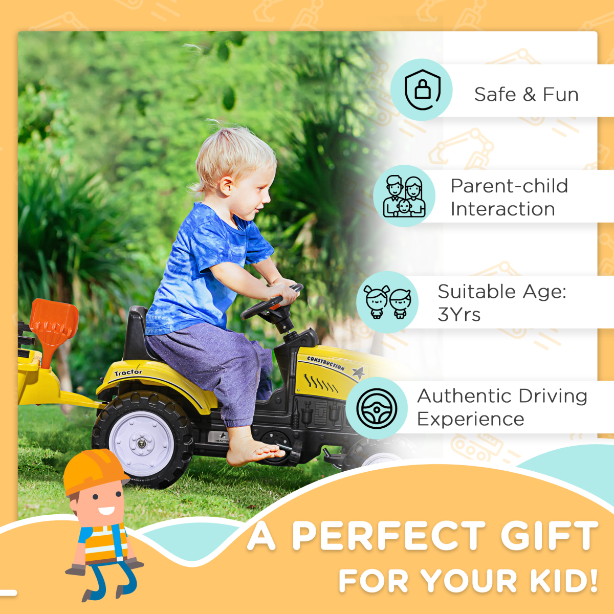 HOMCOM Kids Pedal Go Kart Ride-On Tractor with Trailer, Shovel & Rake – Four-Wheel Toy, Yellow and Black