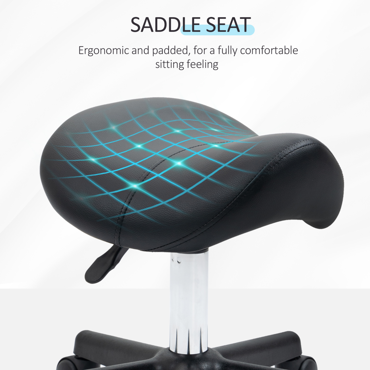 HOMCOM Saddle Stool in PU Leather, Adjustable 45–57cm Height, Steel Frame, 5 Wheels – Rolling Salon Chair
