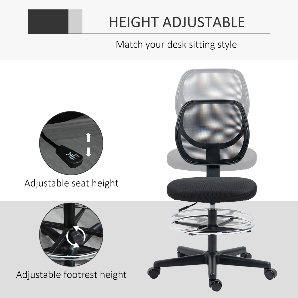 Vinsetto Tall Draughtsman Chair with Footrest Ring & Mesh Back – Drafting Stool for Standing Desks, Black