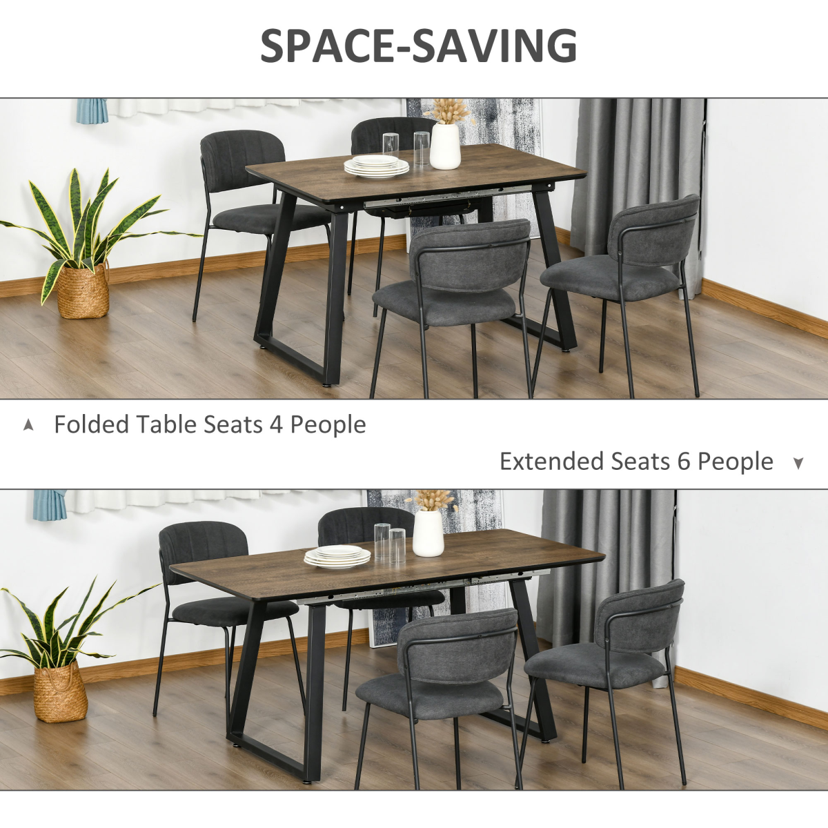 Extendable 6-Seater Dining Table with Wood-Effect Top & Metal Frame – Modern Industrial Style