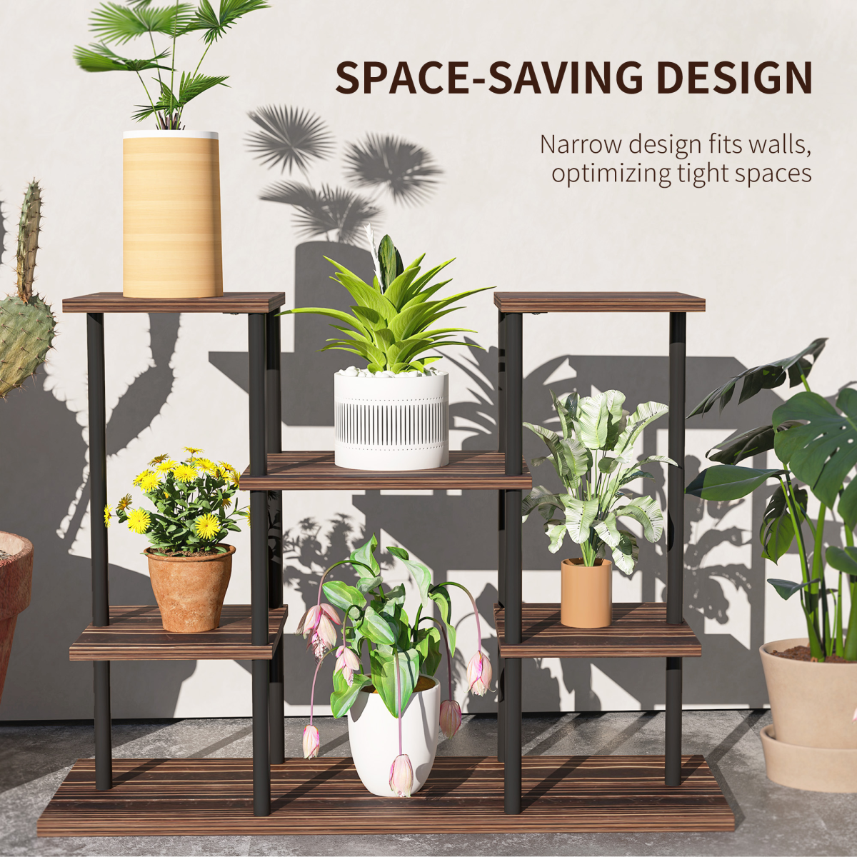 Outsunny 4 Tier Metal Flower Shelf Display Rack with Wooden Shelves – Plant Stand, Black Carbonised Finish