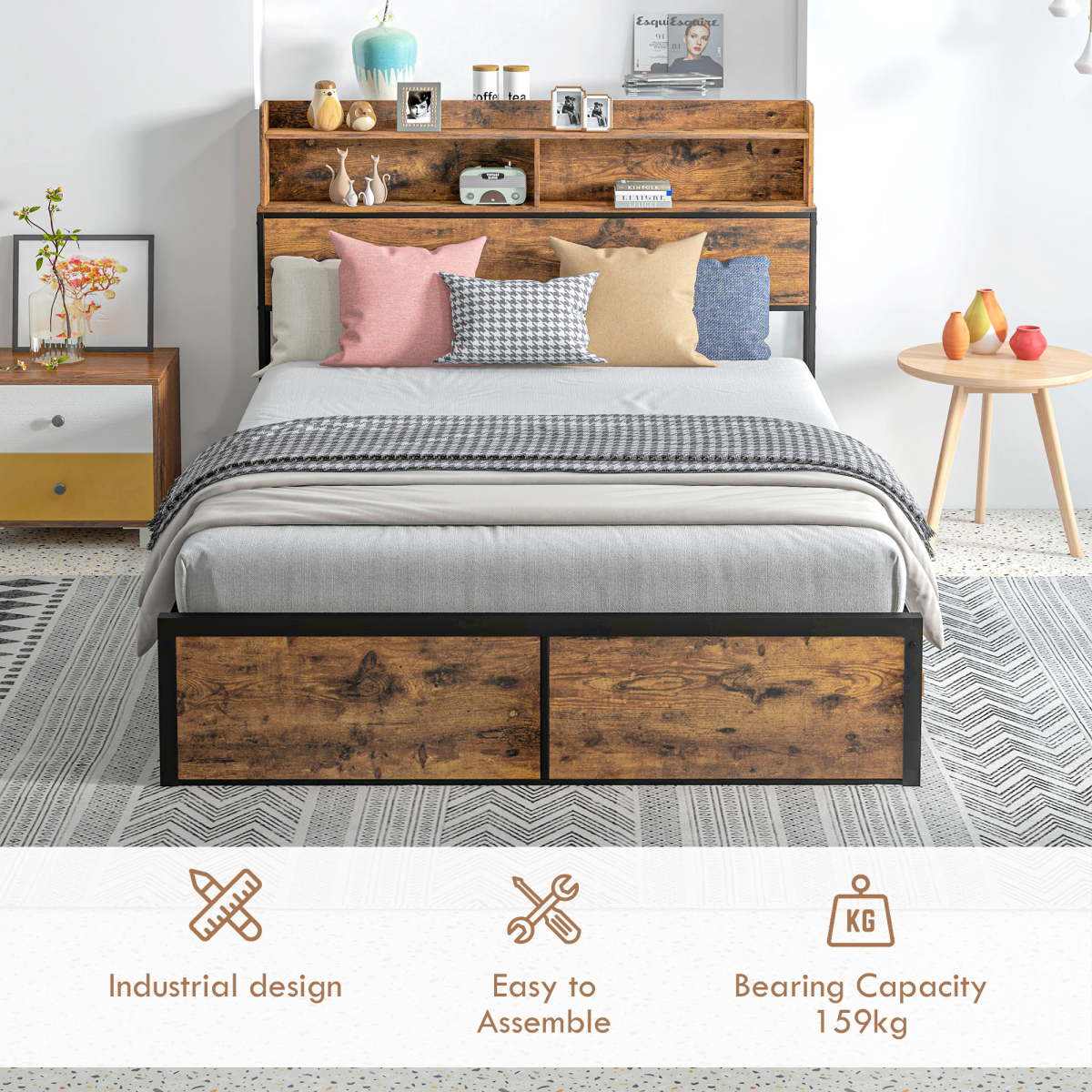 HOMCOM 4ft6 Double Metal Bed Frame with Storage Headboard & Under Bed Storage – Bedroom Furniture