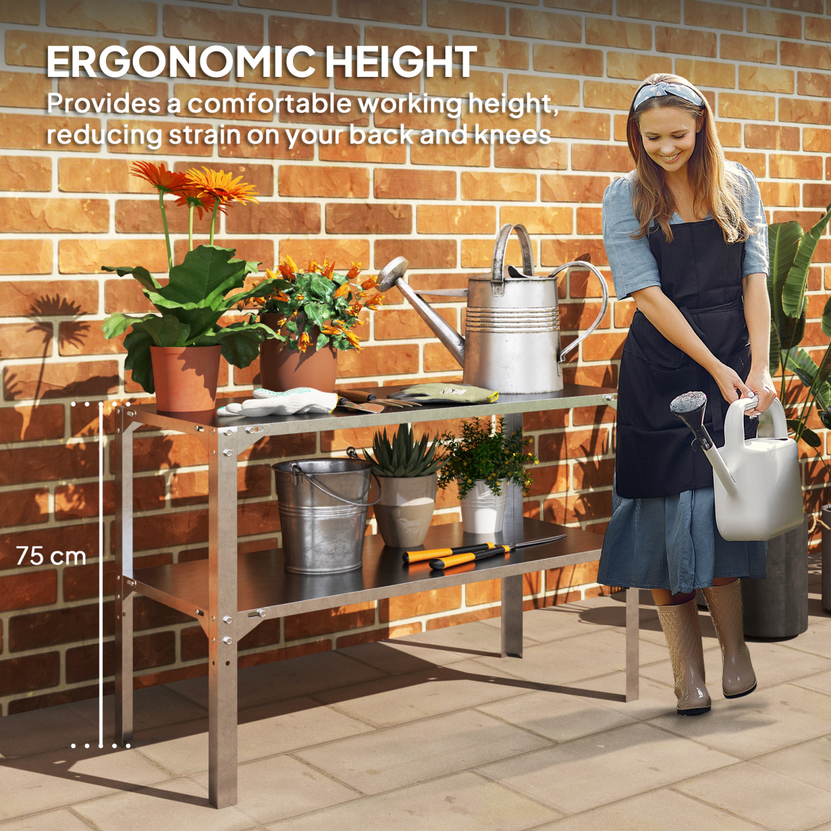 Outsunny 2-Tier Galvanised Steel Potting Bench Table – Garden Work Bench with Storage Shelf, Silver Tone