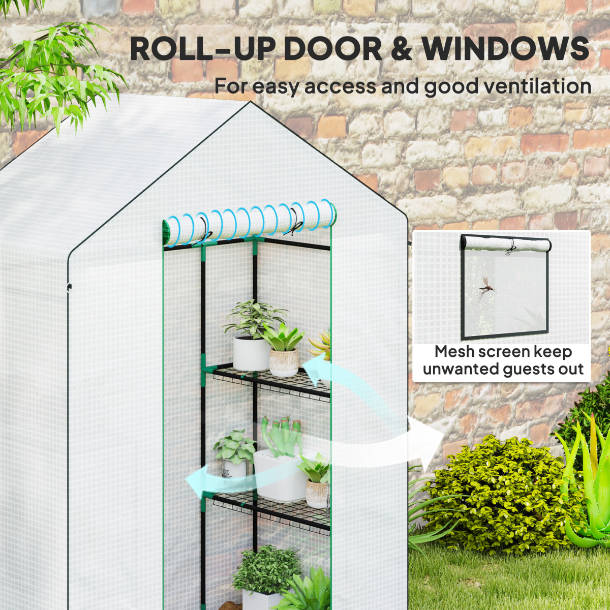 Outsunny Walk-in Greenhouse with 4 Shelves, UV-Resistant Cover & Roll-Up Zipped Door – Small Garden Greenhouse, White
