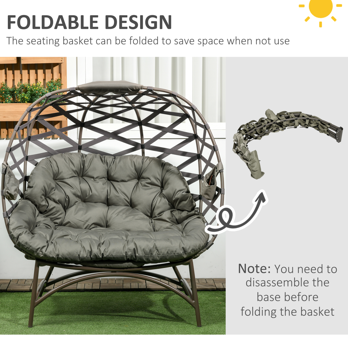 Outsunny 2-Seater Outdoor Egg Chair with Padded Cushion & Cup Pockets, Powder-Coated Steel Frame – Garden Lounger, Sand Brown