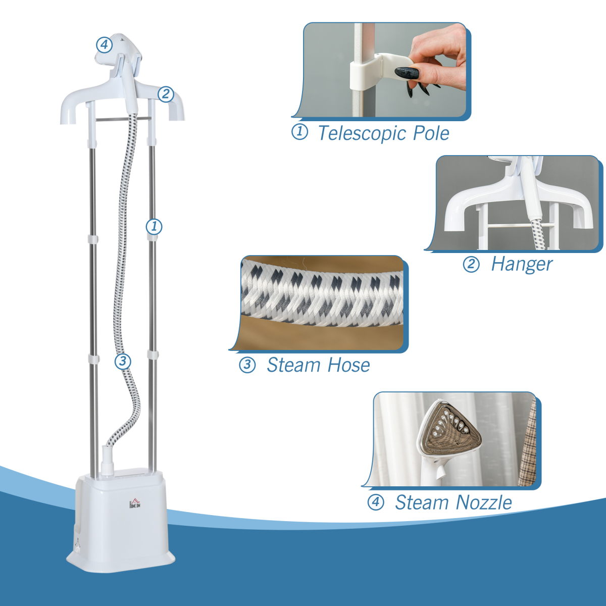 HOMCOM Upright Garment Steamer with 1.7L Removable Tank – 45-Second Heat-Up, White
