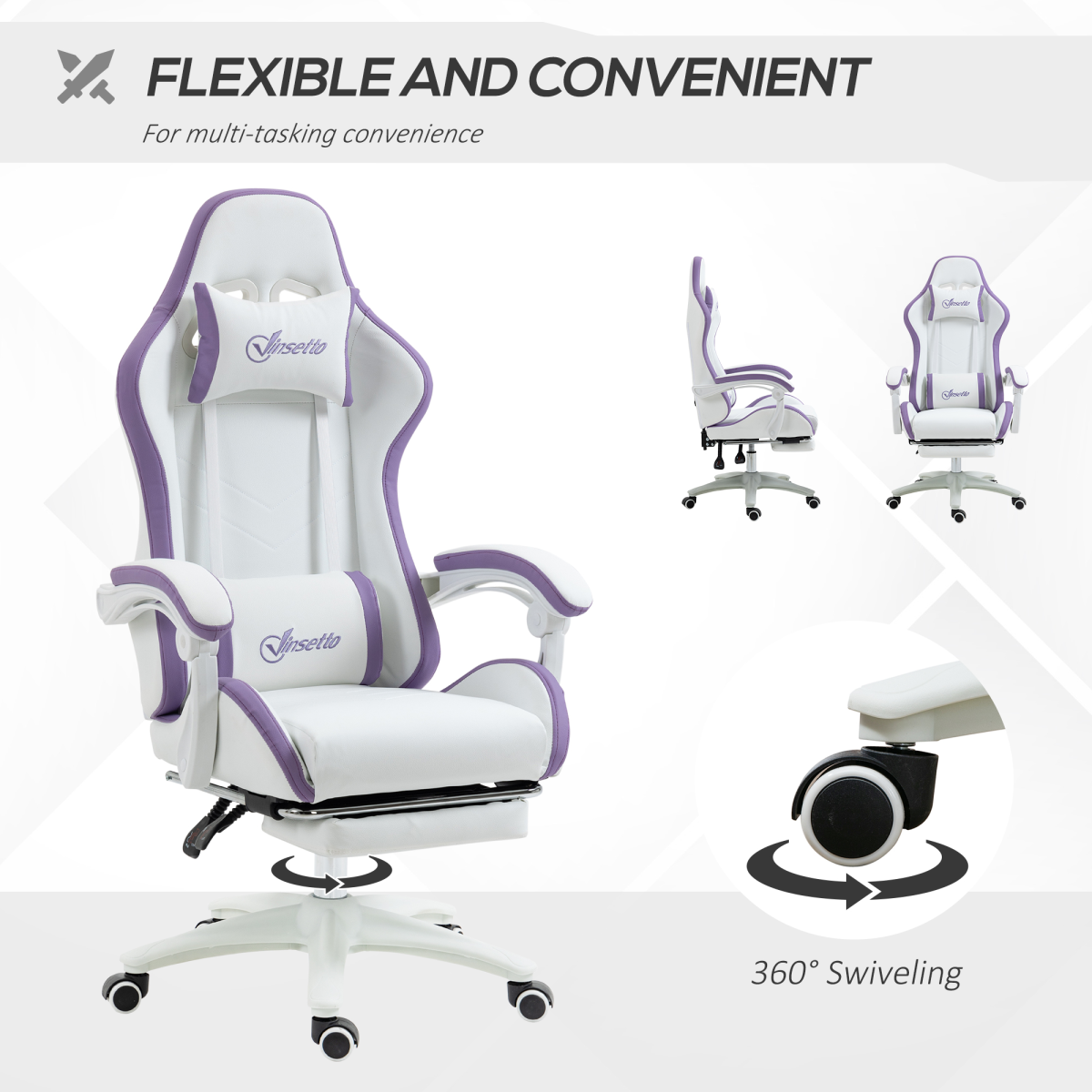 Vinsetto Racing Gaming Chair with Recline & Footrest – Headrest and Lumbar Cushions, White & Purple