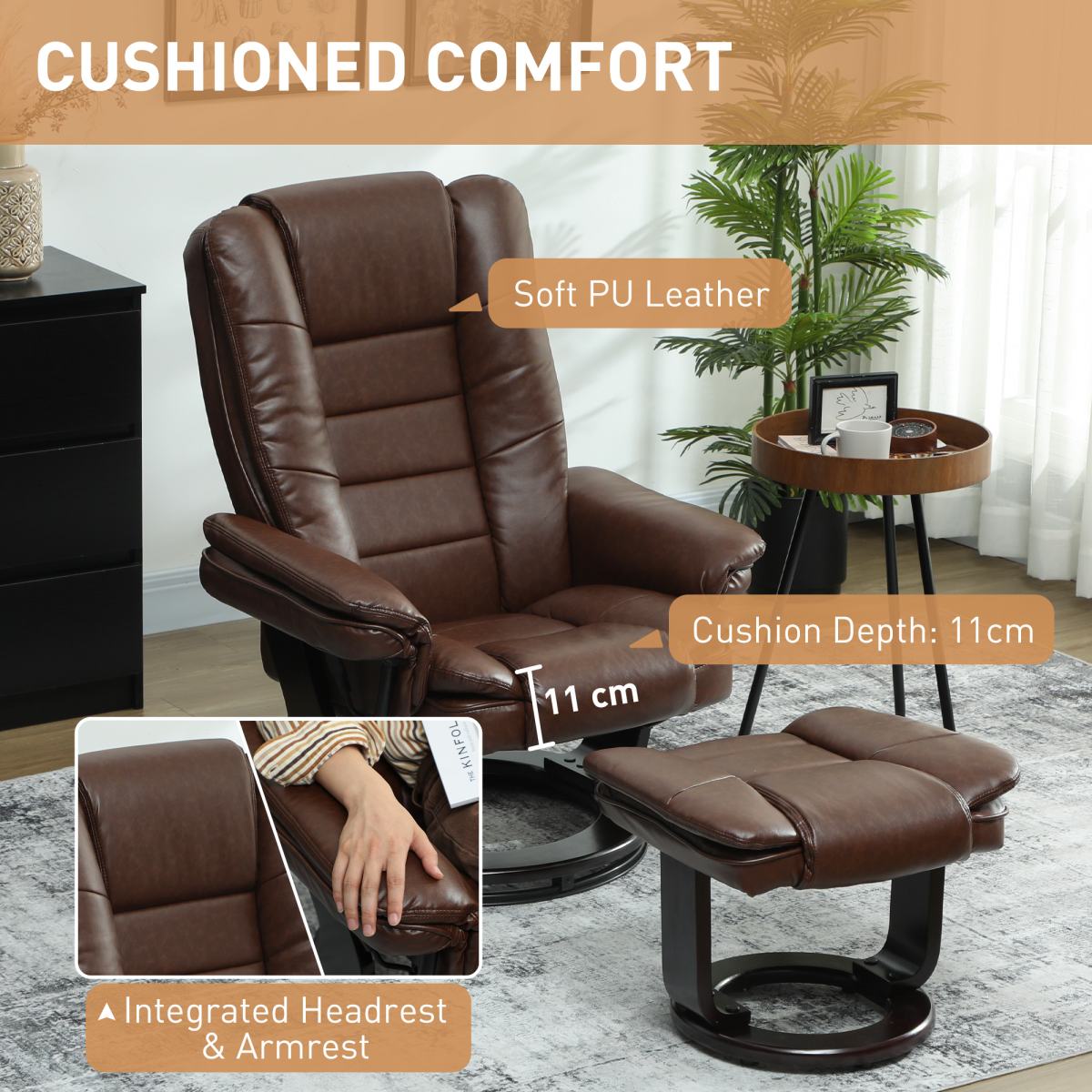 Swivel Recliner Chair with Footstool, 135° Reclining Back & Faux Leather – Padded Armchair Set, Dark Brown