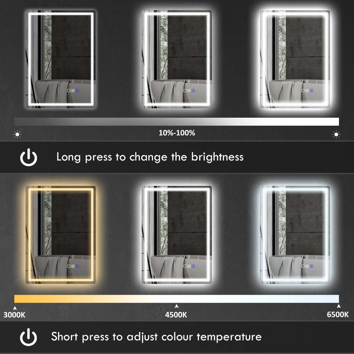 LED Bathroom Mirror 70 x 50cm with Bluetooth Speaker, Front & Back Lighting and Demister – Silver