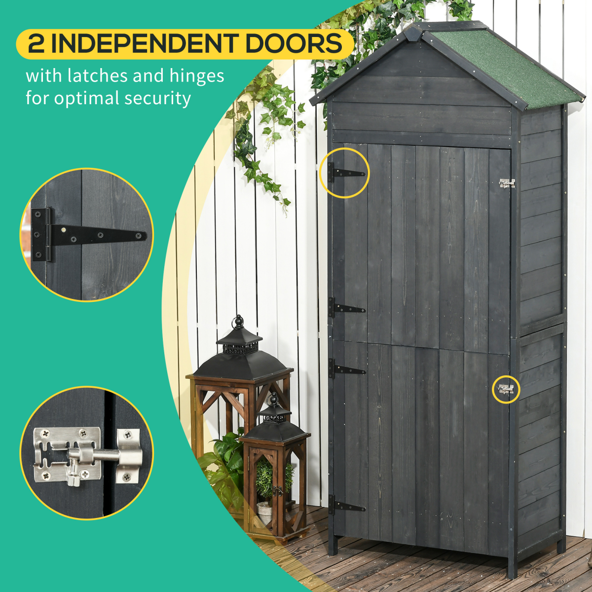 Outsunny Wooden Garden Shed with Three Shelves, Double Doors & Lock – Outdoor Tool Storage Cabinet, Grey