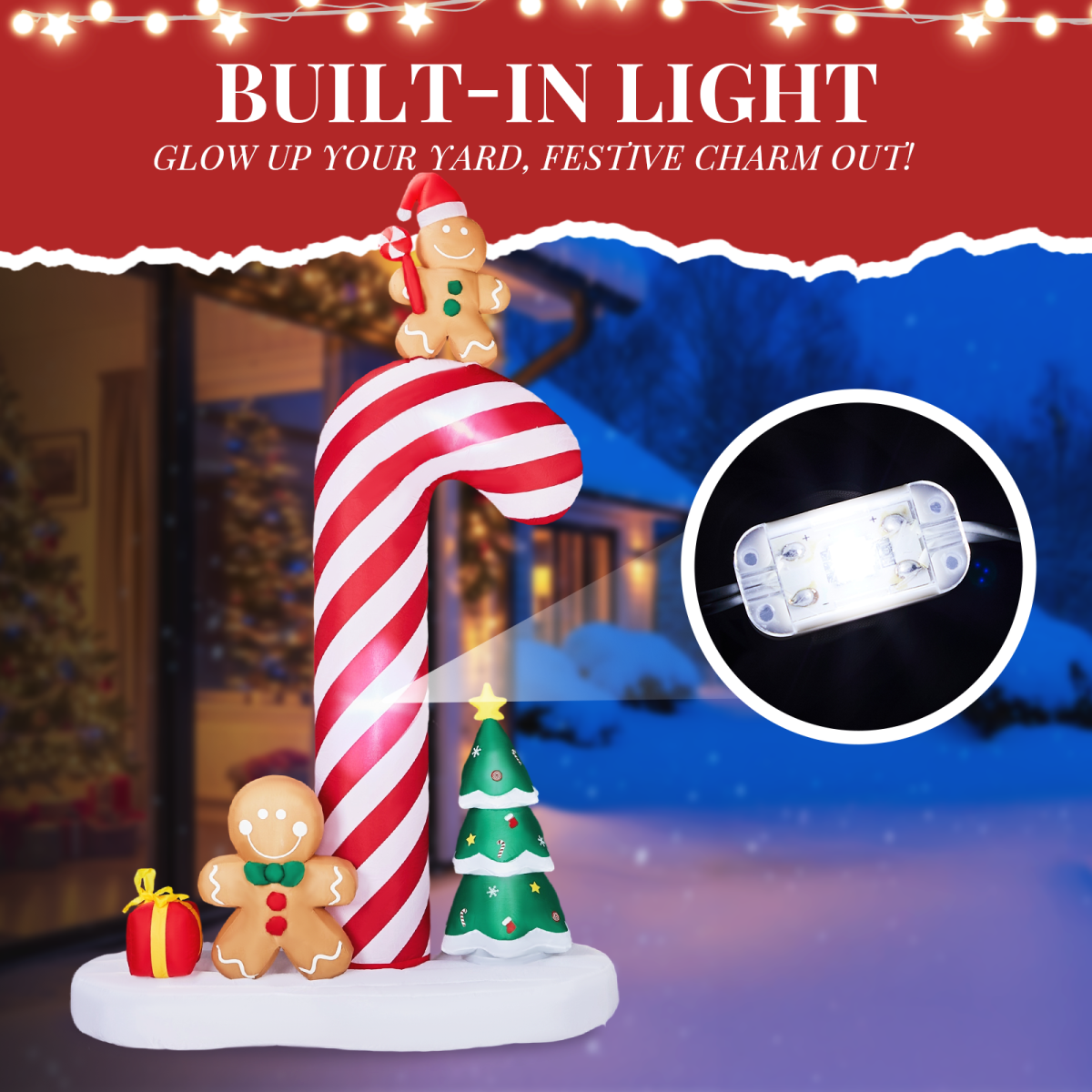 2.45m Light-Up Inflatable Candy Cane with Gingerbread Men – Christmas Blow-Up Decoration with Built-In LEDs