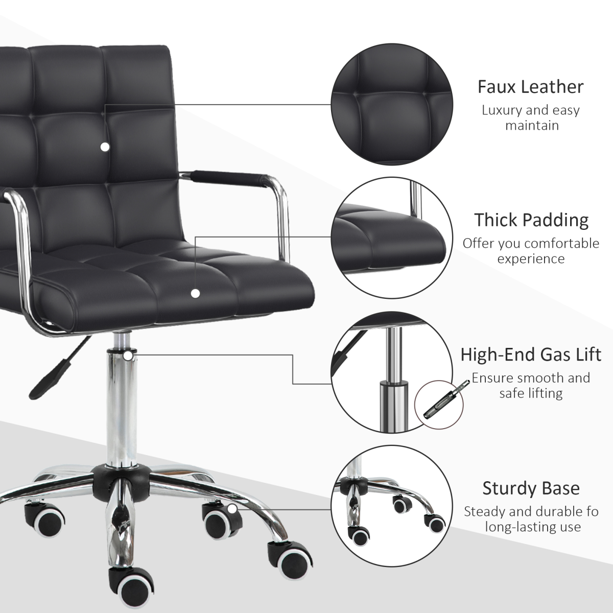 Vinsetto Mid Back PU Leather Home Office Chair with Armrests, Swivel Wheels and Adjustable Height, Black