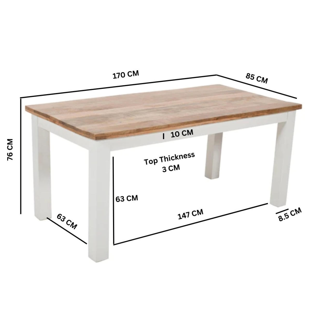 Alfie 170cm Solid Mango Wood Dining Table – Handmade Six-Seater, White & Natural Finish