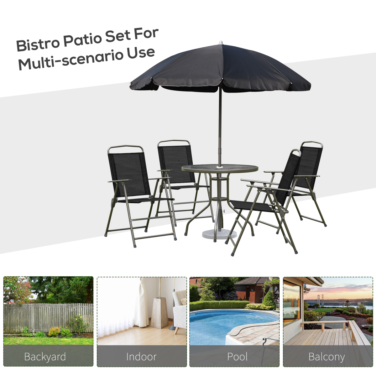 Outsunny 6-Piece Garden Bistro Set with 4 Folding Texteline Chairs, Glass Table & Parasol – Black