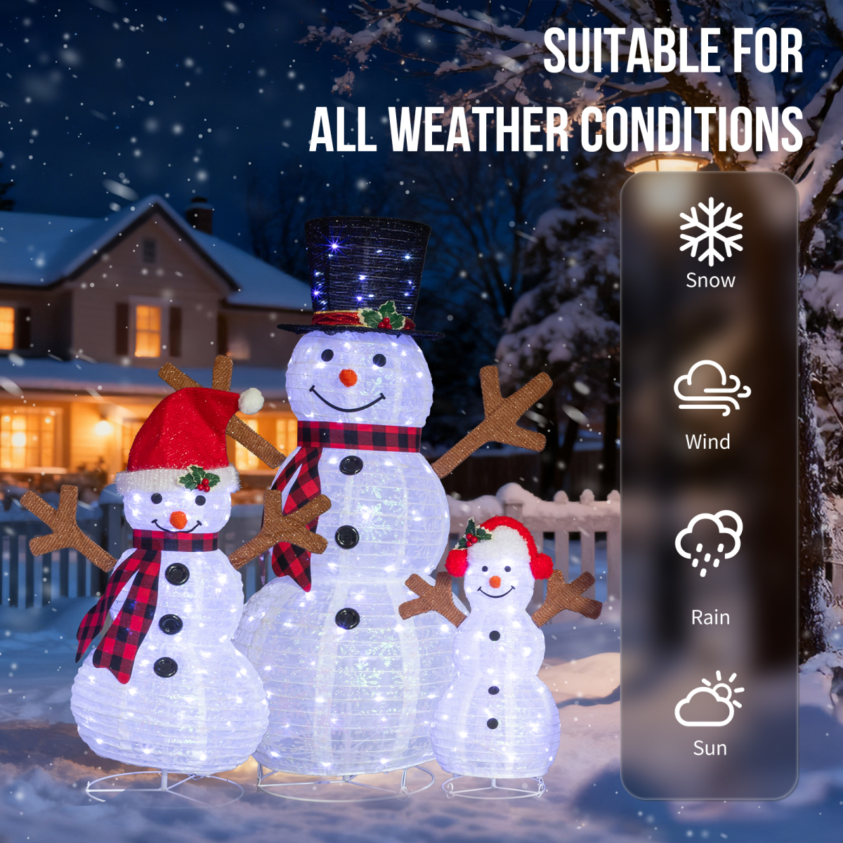 Set of 3 Lighted Snowman Family Christmas Decorations with 270 White Lights – Indoor & Outdoor Display
