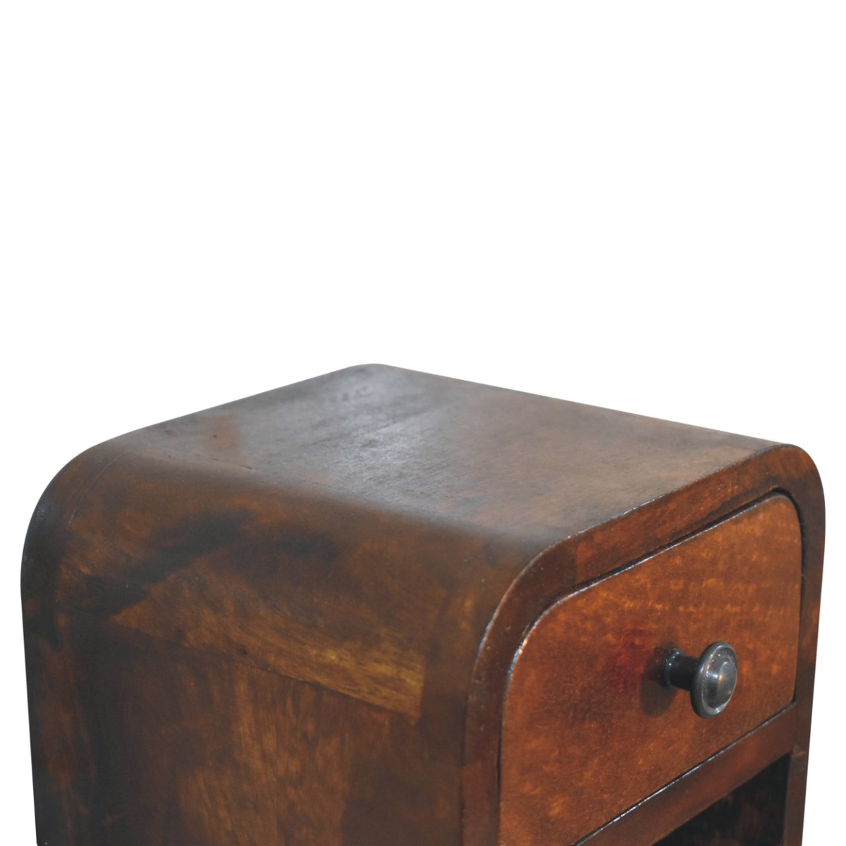 Artisan Furniture Extra Mini Curved Bedside Table with Drawer & Open Slot – Solid Mango Wood, Chestnut, Brown