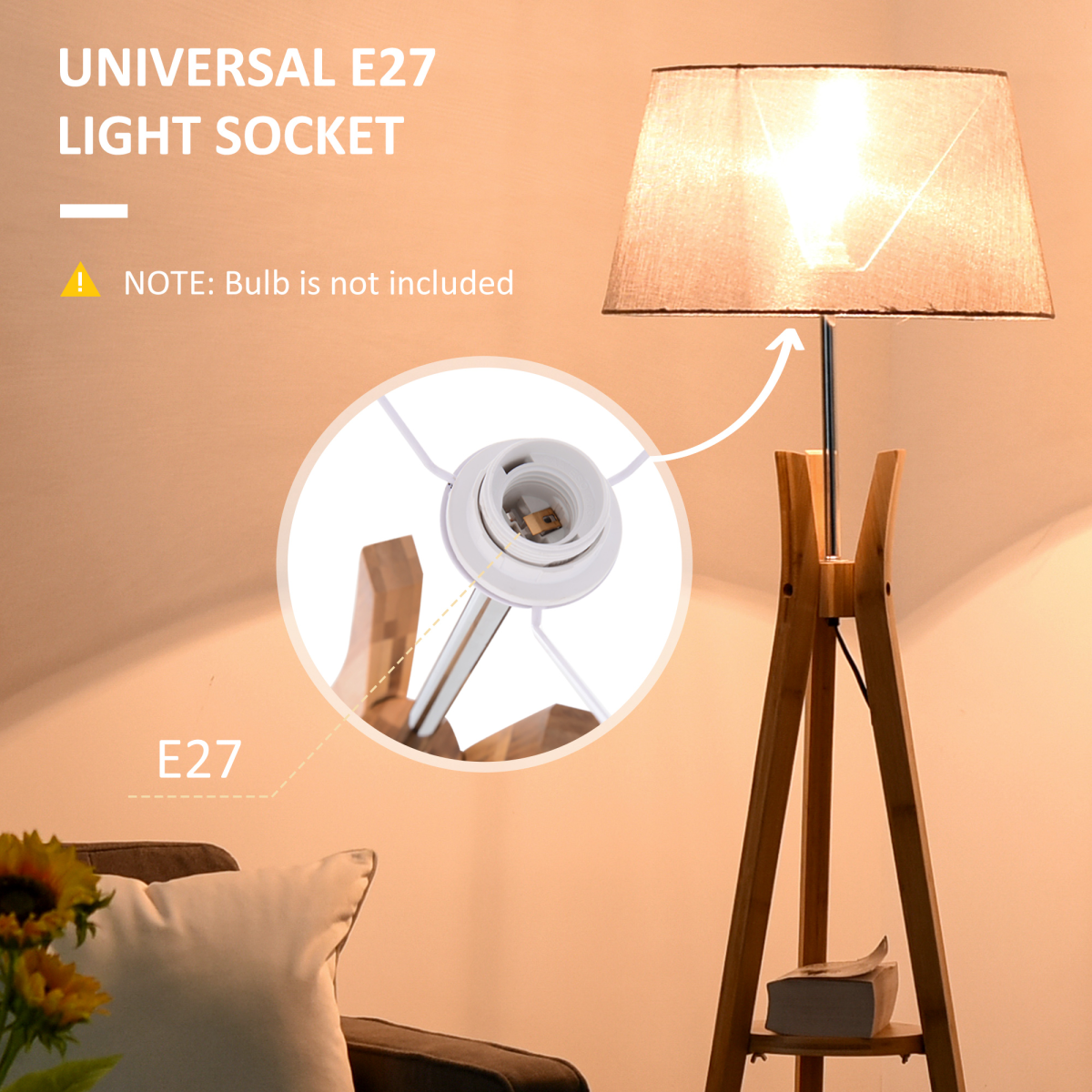 HOMCOM Tripod Floor Lamp with Fabric Shade & Built-In Storage Shelf – Living Room Standing Light, Grey