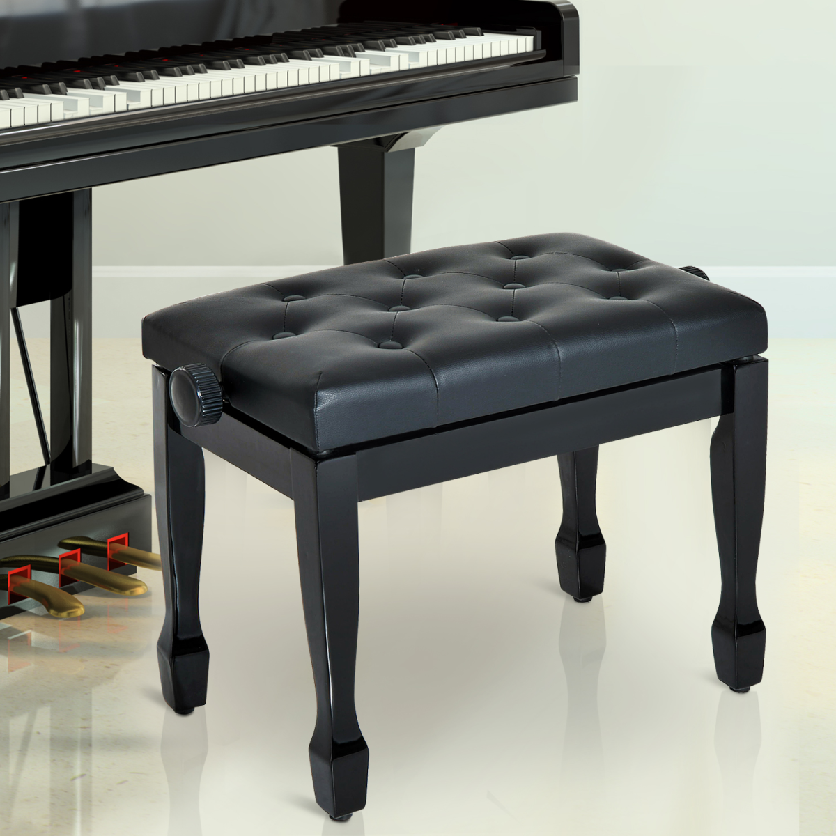 HOMCOM Adjustable Piano Bench with Padded Faux Leather Seat & Wooden Legs – Keyboard Stool, 45–55cm Height