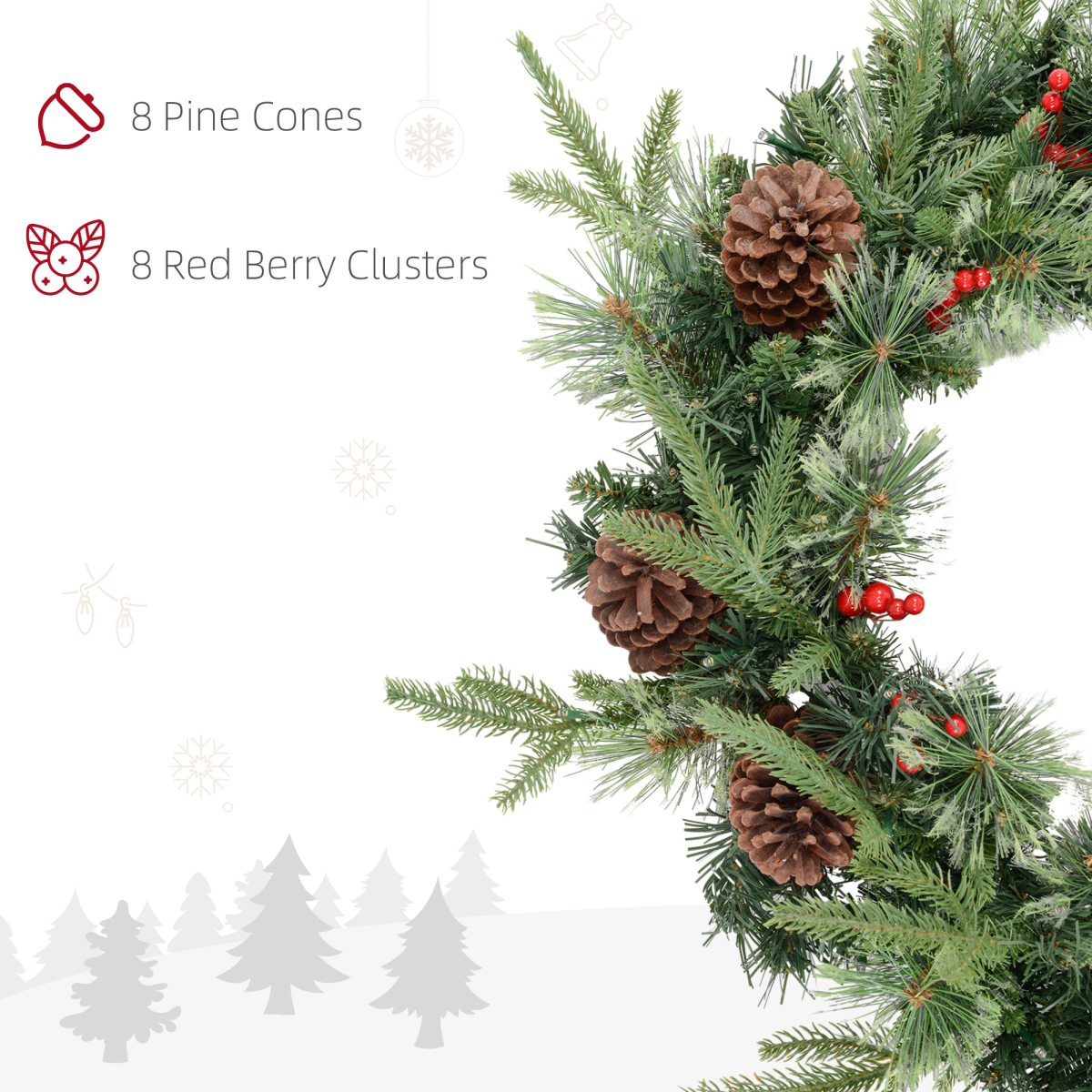 HOMCOM 60cm Christmas Wreath with 50 Warm White LED Lights, Pine Cones & Red Berries – Door Decoration, Green