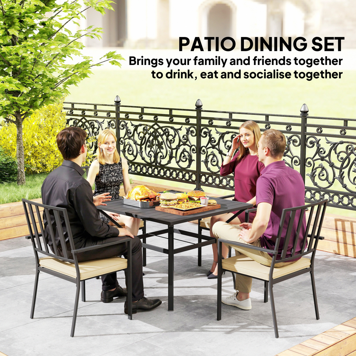 Outsunny Outdoor Dining Set with 4 Stackable Cushioned Armchairs & Metal Table, 50mm Umbrella Hole – Black/Beige
