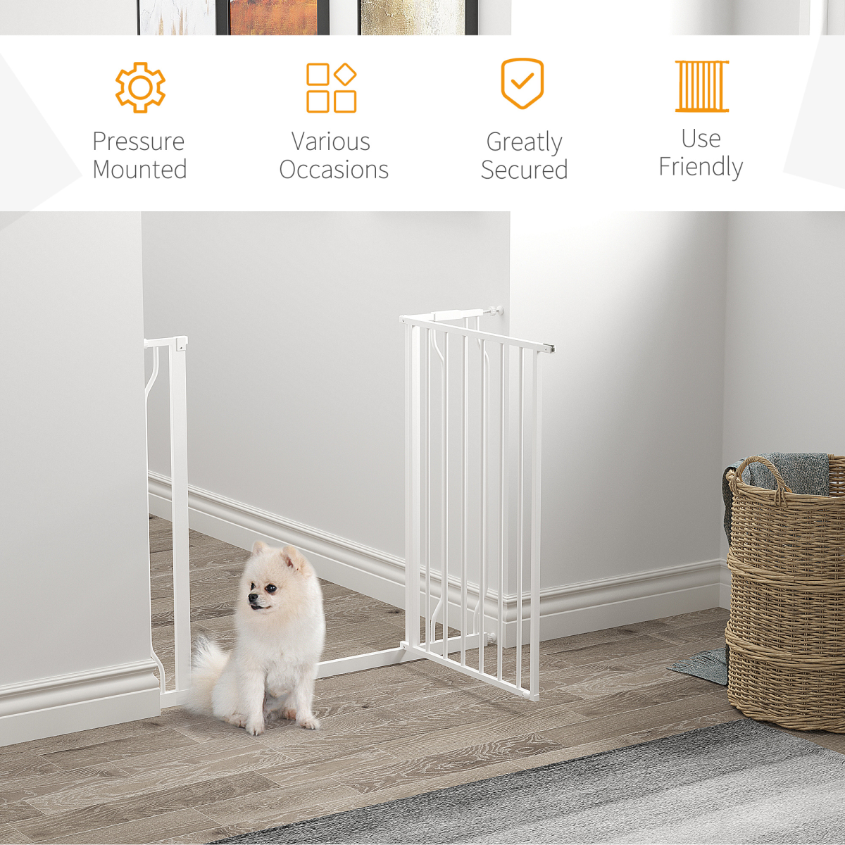 PawHut Pressure Fit Dog Gate with Door, 75–95cm Adjustable Wide Stair Gate – Steel Barrier, White