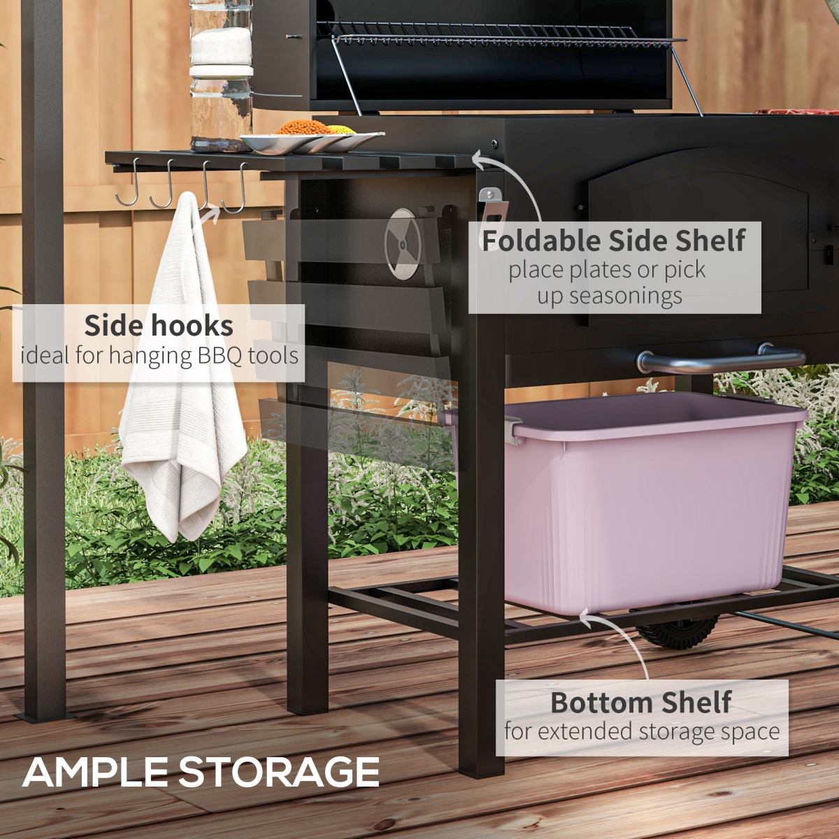 Outsunny 3-in-1 Charcoal BBQ Grill Trolley with Adjustable Charcoal Height & Thermometer – BBQ, Smoker, Stove