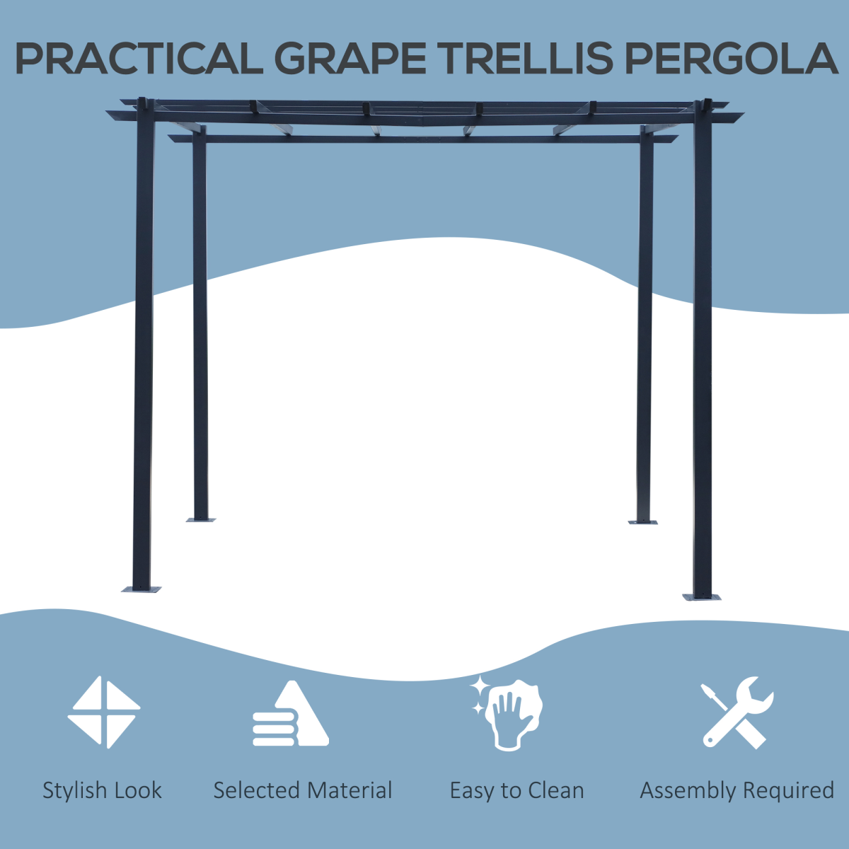 Outsunny 3 x 3m Metal Pergola with Grid Top & 8 Ground Stakes – Garden Plant Support Frame, Black
