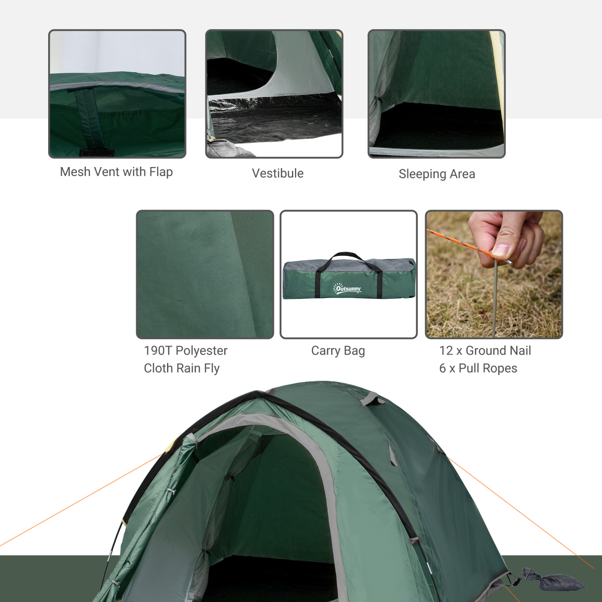 Outsunny 2–3 Person Compact Camping Tent with Vestibule & Mesh Vents – Double Layer Hiking Tent, Green