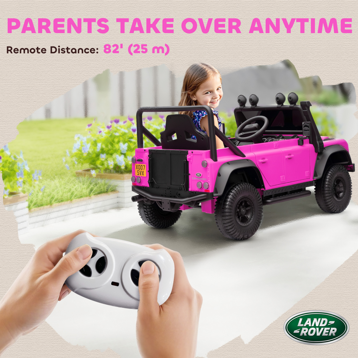 Land Rover Defender 110 SVX Licensed 12V Kids Electric Ride-On Truck with 2.4G Remote & Music, Pink