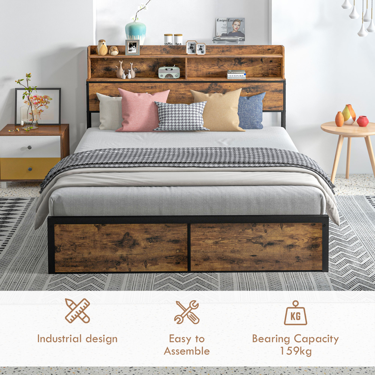 HOMCOM 5ft King Size Bed Frame with Storage Headboard – Under Bed Storage, Steel Frame